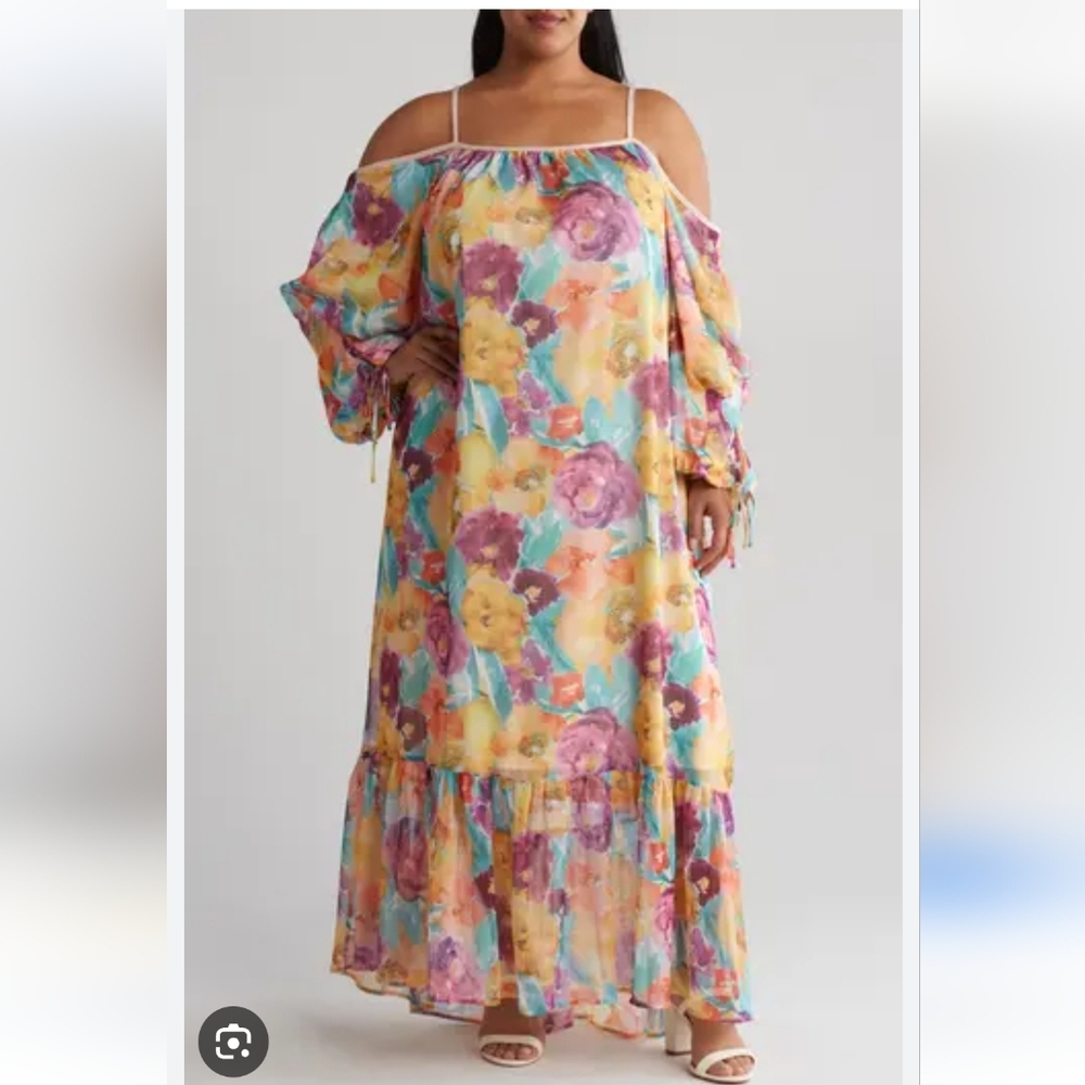 Love By Design NORDSTROM floral Maxi Puff Sleeve Watercolor Boho Spell Dress 1x